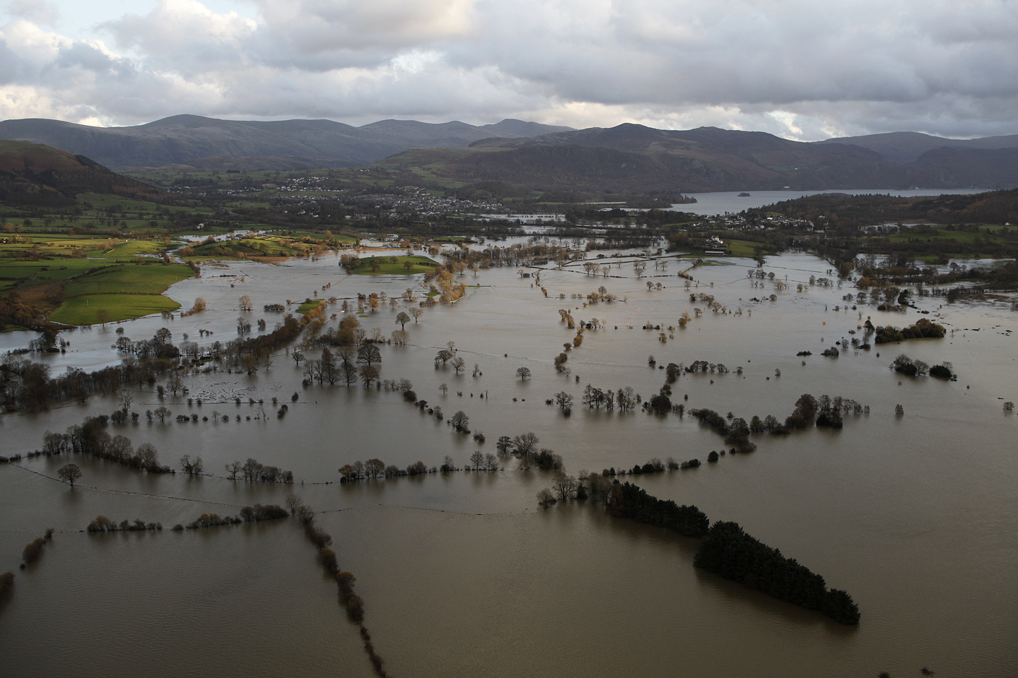 Aerial view of flooding in the countryside.