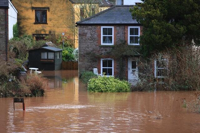Floodwater outside a home.
