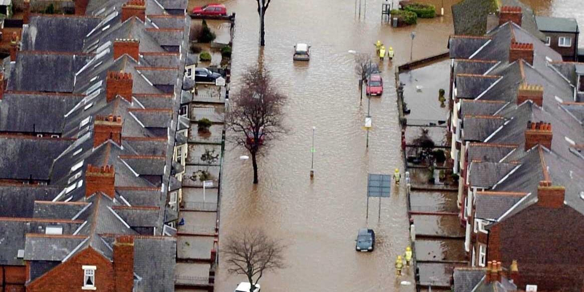 Aerial view of a flooded street.