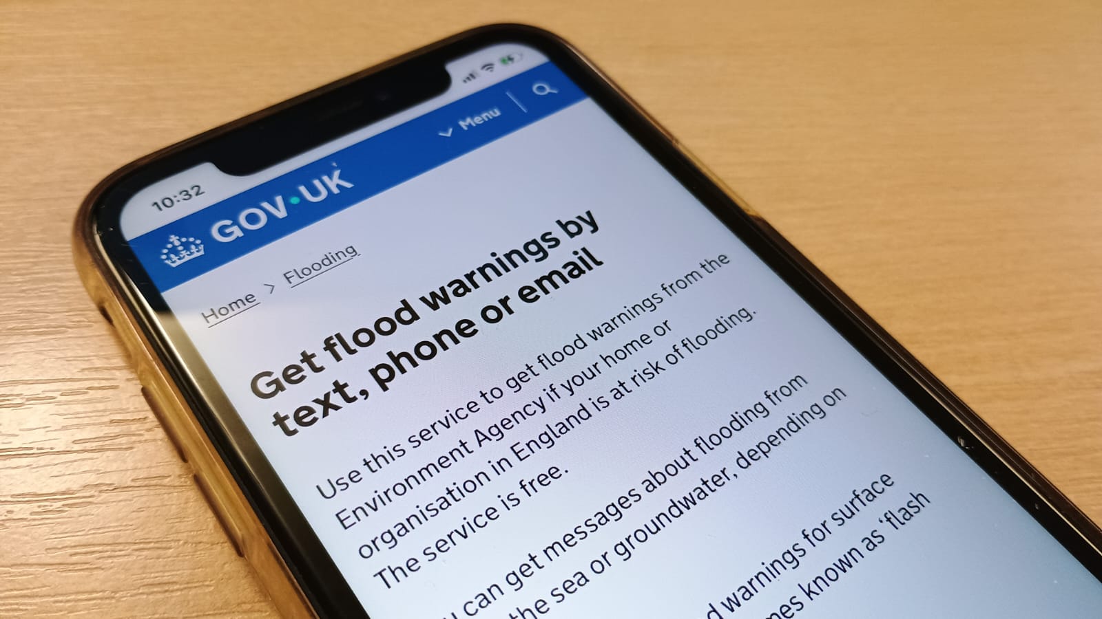 A mobile phone screen showing the start of the Get flood warnings service on GOV.UK.