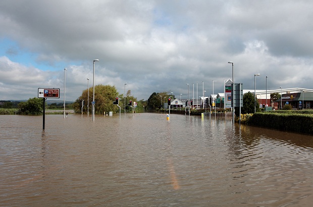 Floodwater covering a business park.